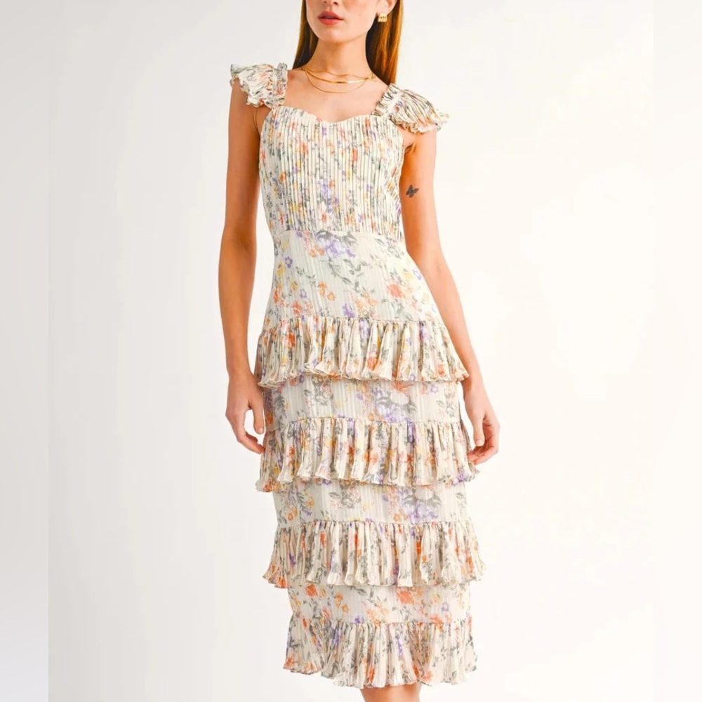 Reset by Jane Kristi floral tiered ruffled midi dress in ivory NWT